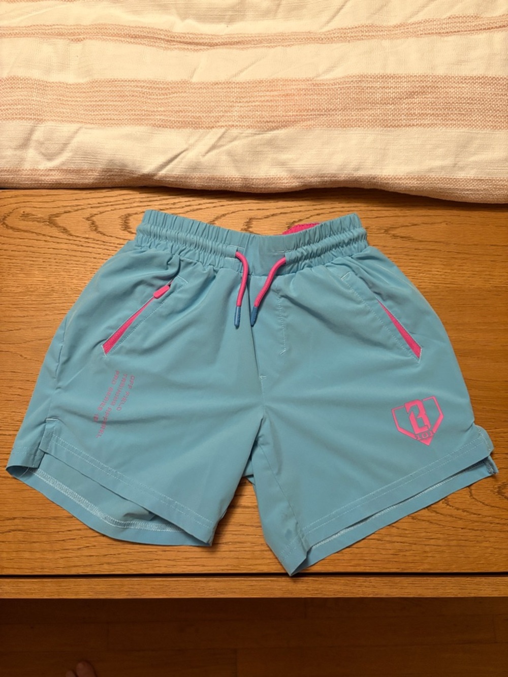 Kids Light Blue Athletic Shorts with Pink Trim